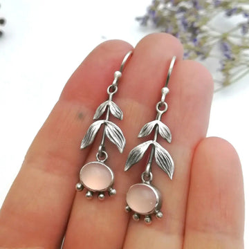 DAIIIBABYYY  - 2Pcs Vintage Leaf Plant Flower Orb Geometric Simple Alloy Cat Eye Stone Silver Color Pink Earrings Pendant Woman Party Daily